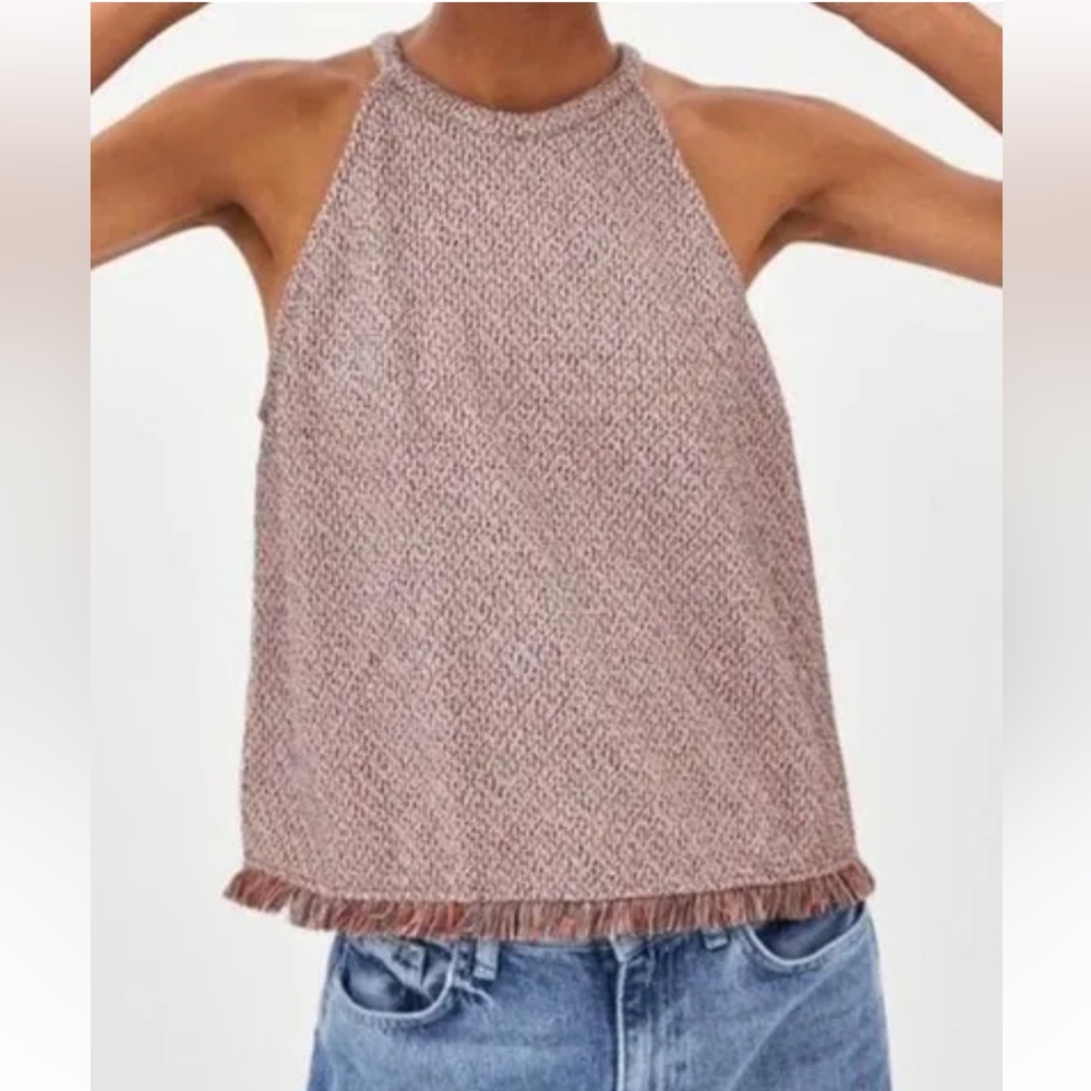 Zara Textured Fringe Hem Tank Top - Pink